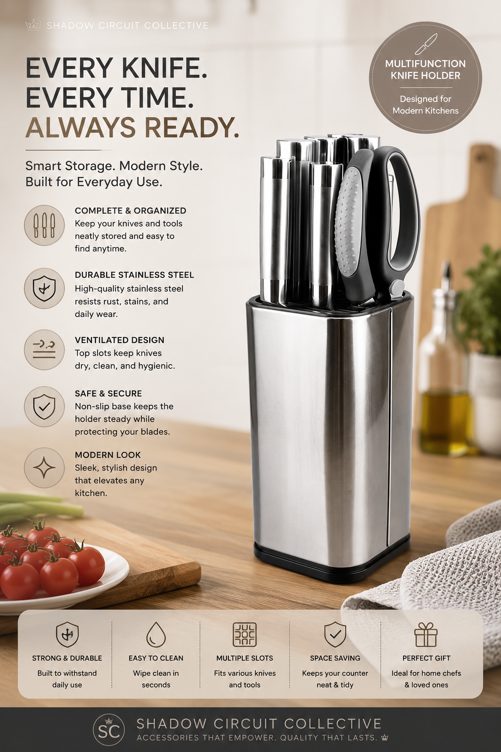 Declutter Your Countertops with One Stylish Organizer | Premium Stainless Steel Knife & Utensil Holder