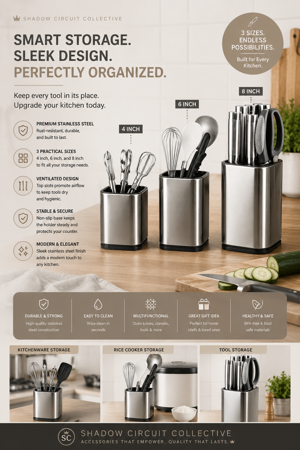 Declutter Your Countertops with One Stylish Organizer | Premium Stainless Steel Knife & Utensil Holder