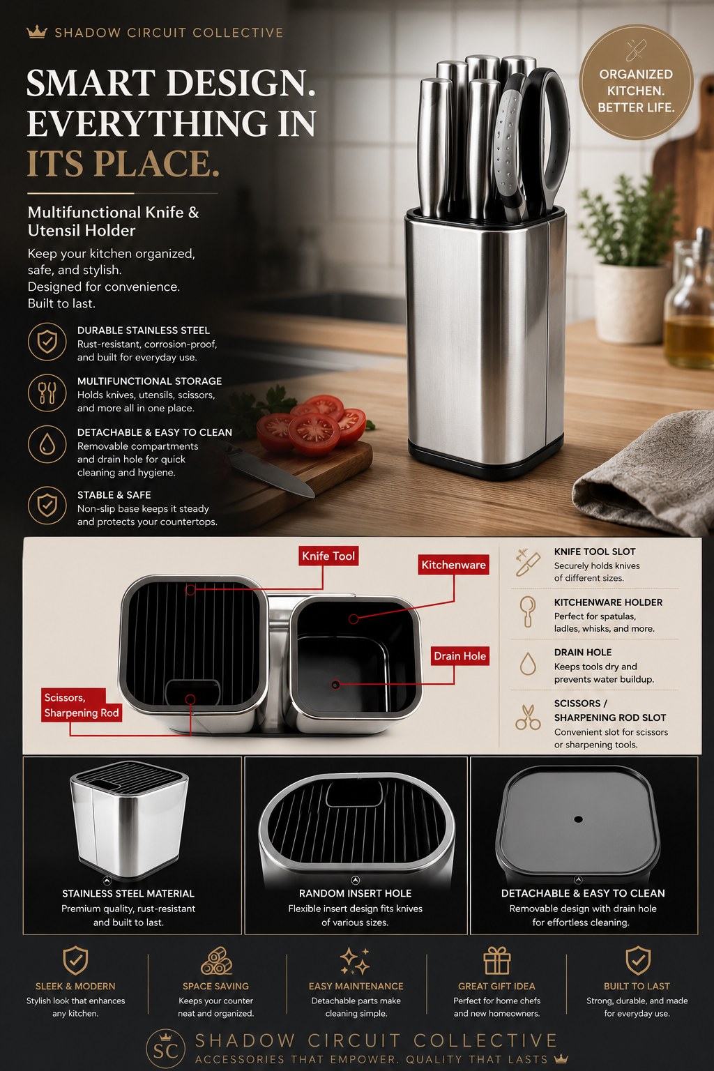Declutter Your Countertops with One Stylish Organizer | Premium Stainless Steel Knife & Utensil Holder