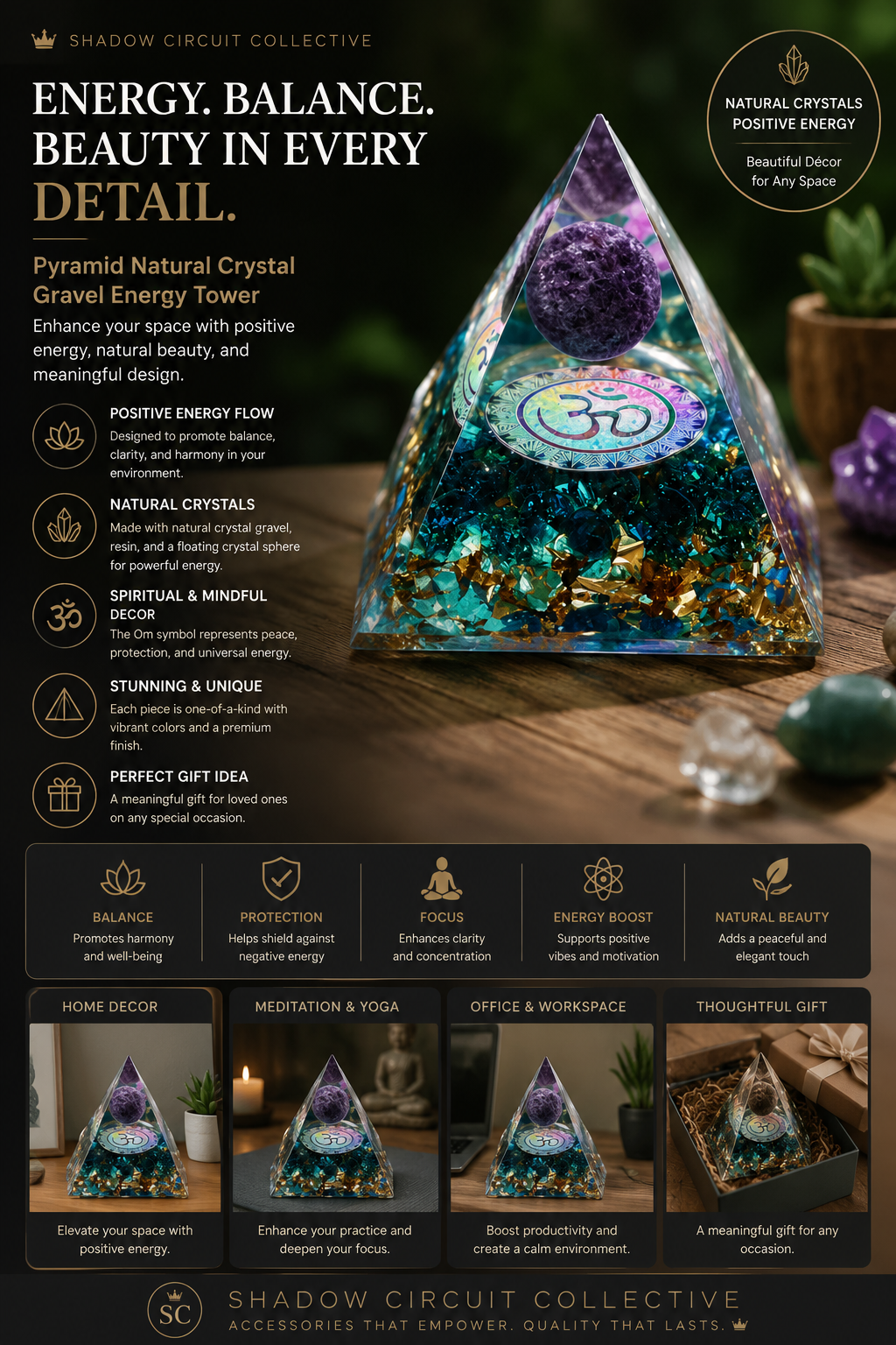 Illuminate Your Space & Inspire Positive Energy | Natural Crystal Pyramid Energy Tower Meditation Decor | Unique Home & Office Accent