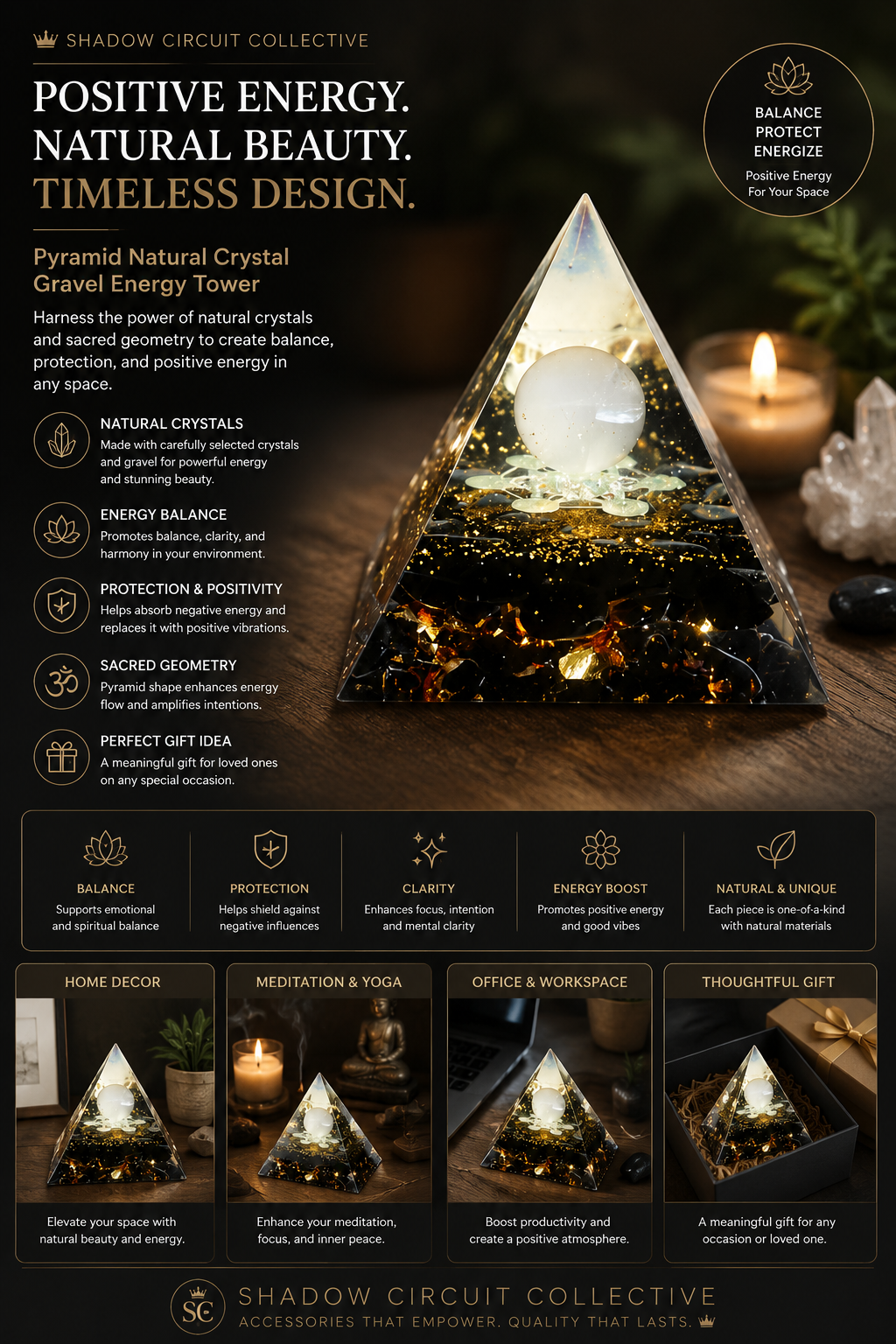 Illuminate Your Space & Inspire Positive Energy | Natural Crystal Pyramid Energy Tower Meditation Decor | Unique Home & Office Accent