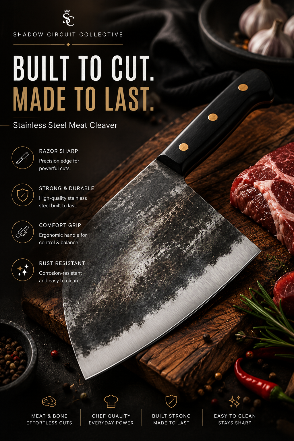 Stop Struggling with Tough Cuts | Hand-Forged Stainless Steel Meat Cleaver for Meat, Bones & BBQ