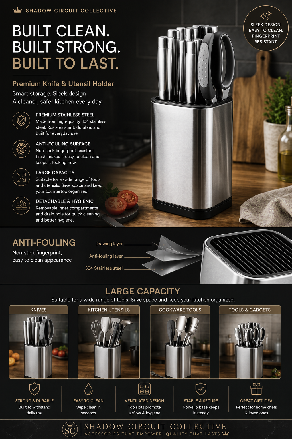 Declutter Your Countertops with One Stylish Organizer | Premium Stainless Steel Knife & Utensil Holder