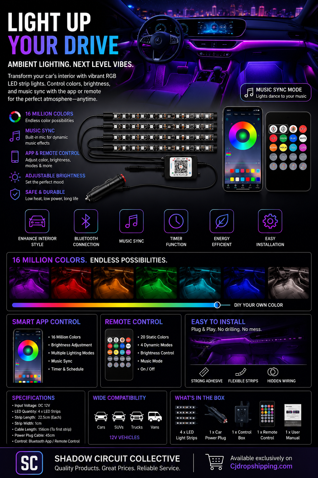 Transform Every Drive Into an Experience | RGB Car LED Interior Lights with Bluetooth App & Music Sync and remote control