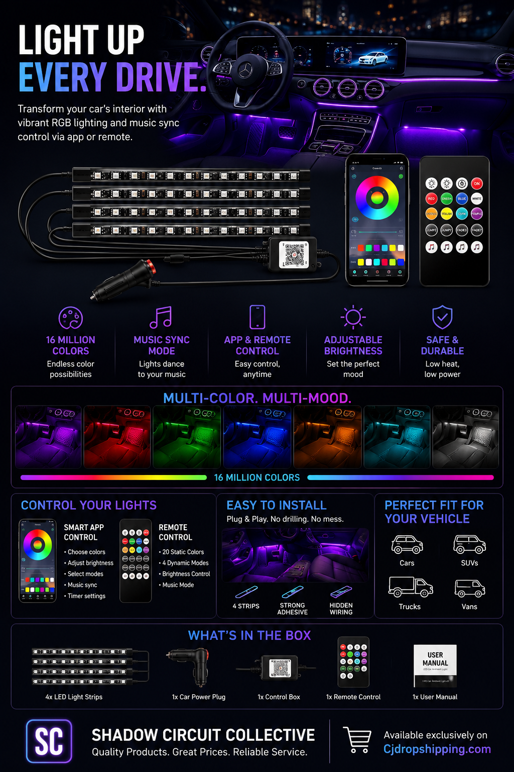 Transform Every Drive Into an Experience | RGB Car LED Interior Lights with Bluetooth App & Music Sync and remote control