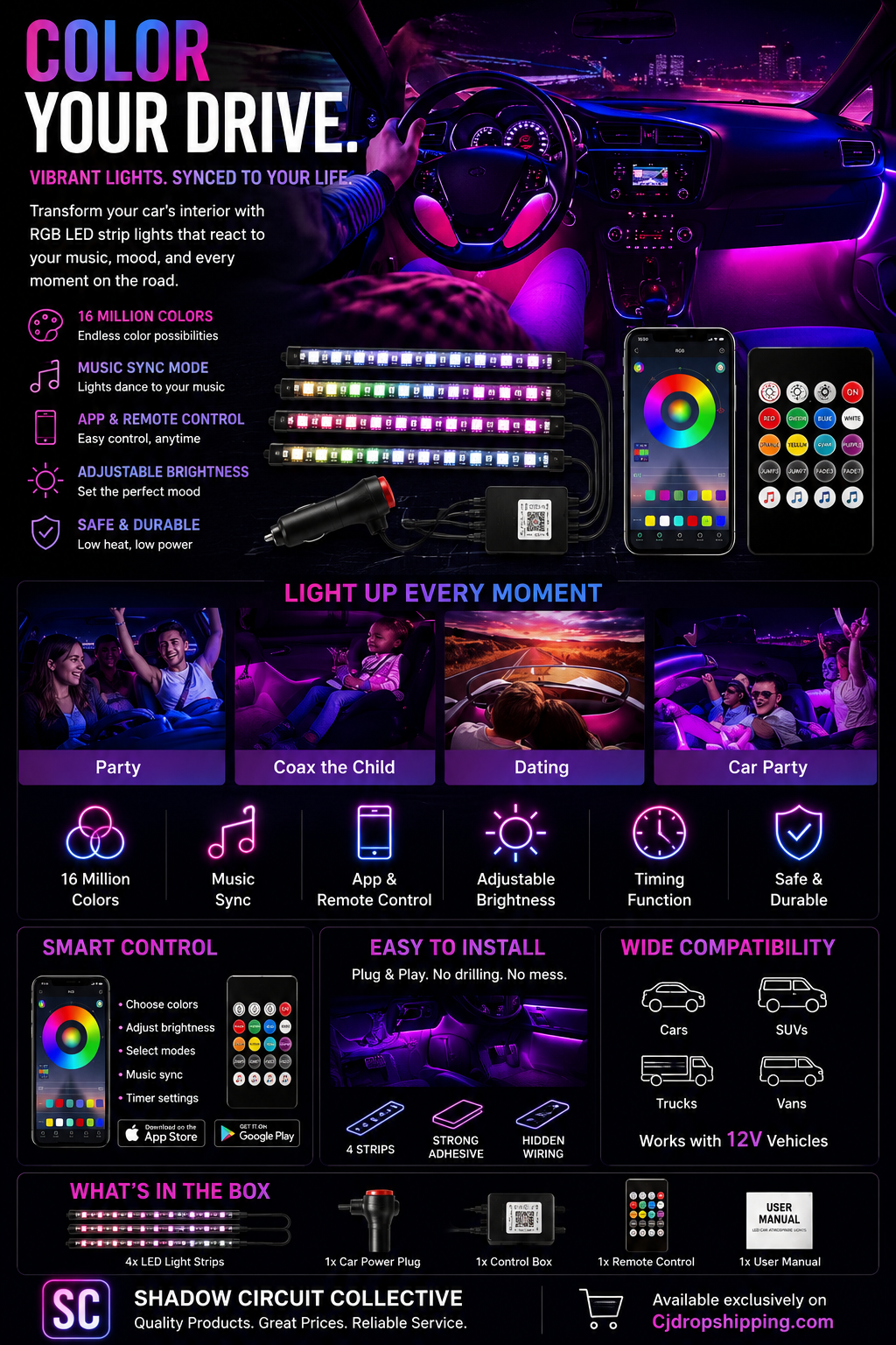 Transform Every Drive Into an Experience | RGB Car LED Interior Lights with Bluetooth App & Music Sync and remote control