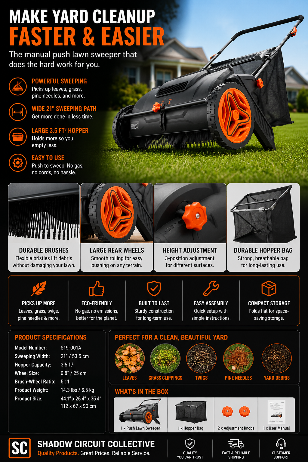Clean Your Yard in Half the Time | 21” Manual Push Lawn Sweeper with Large Hopper