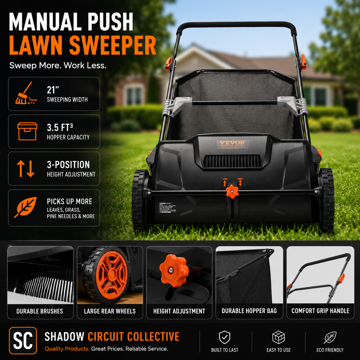 Clean Your Yard in Half the Time | 21” Manual Push Lawn Sweeper with Large Hopper