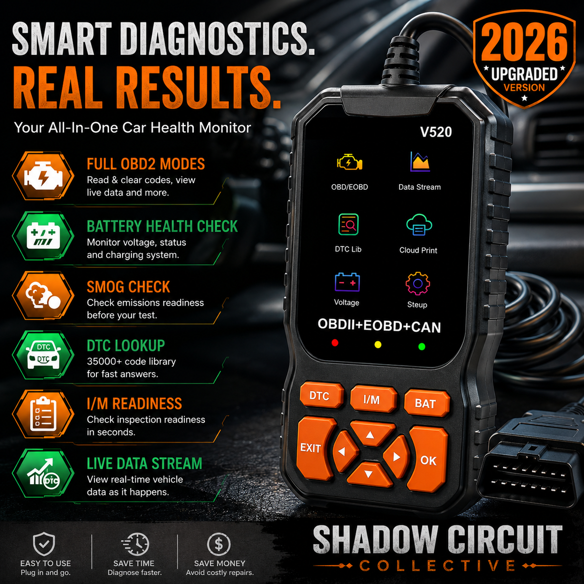 Stop Guessing What’s Wrong With Your Car. Diagnose It Yourself in Minutes. 2026 V520 OBD2 Scanner with Live Data & Battery Health Check